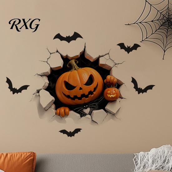 Bat Wall Stickers for Halloween Stickers, 3D Broken Effect with Ghost Skeleton Pumpkin Decals, Self-Adhesive Waterproof Decor Mural Living Room