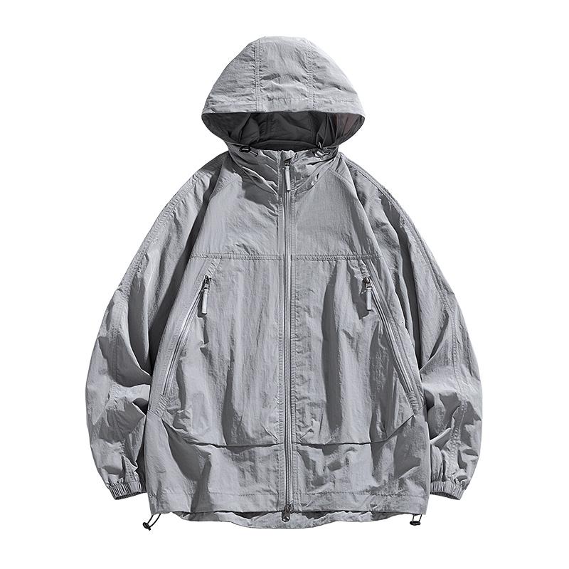 Men's Hooded Windbreaker Sunscreen Jacket - Ultra Light Summer Zipper Pocket Elastic Cuffs Suitable for Outdoor Hiking
