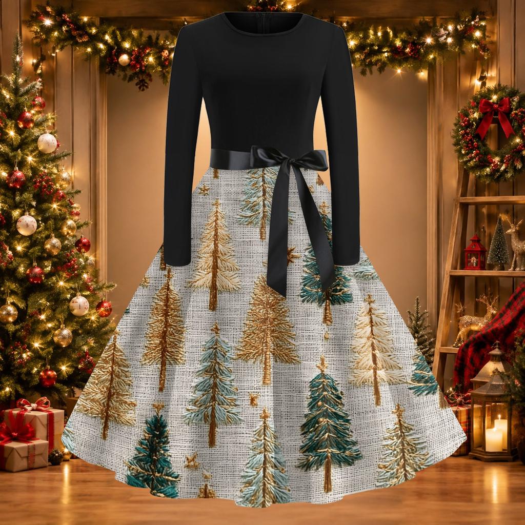 Women's Casual Vintage Christmas Print Neck Dress for Holiday Party