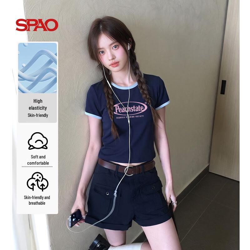 SPAO Women s Retro Color Block Letter Print Slim Fit T-shirt L