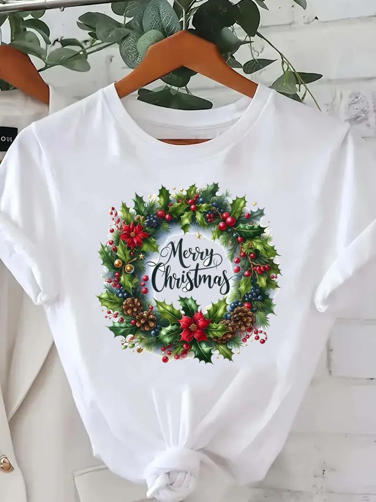 (Asian Size) star tree happy new year Tee merry Christmas festival O-neck Clothing Women's Top T Print Fashion ladies Graphic T-shirts