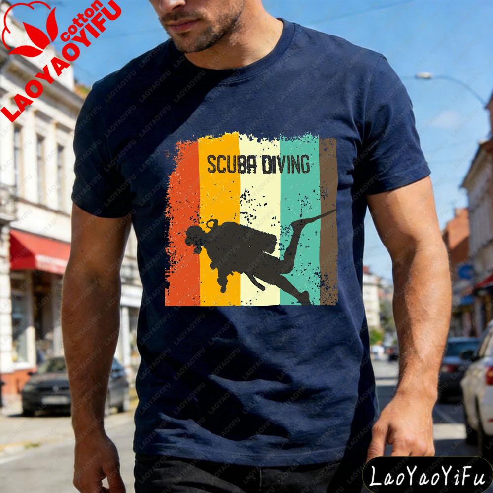 Scuba Diving Silhouette Rainbow Stripe Summer Men TShirt Vintage Style Casual Wear for Beach Outdoor Activities Gift
