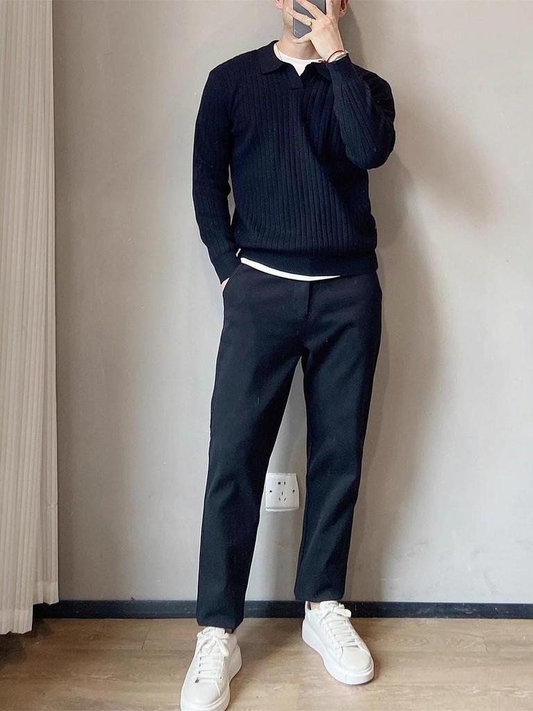 Sweater Raffiné pour Homme en Maille Blanche à Revers - Manches Longues Automne/Hiver Couche de Base Style Tendance