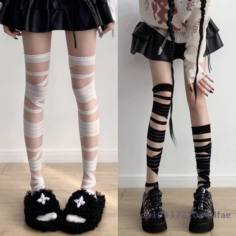Women's Lolita JK Y2K Inspired, Summer Bandage Stripe Long Stockings, Sexy White Long-Tube Hosiery