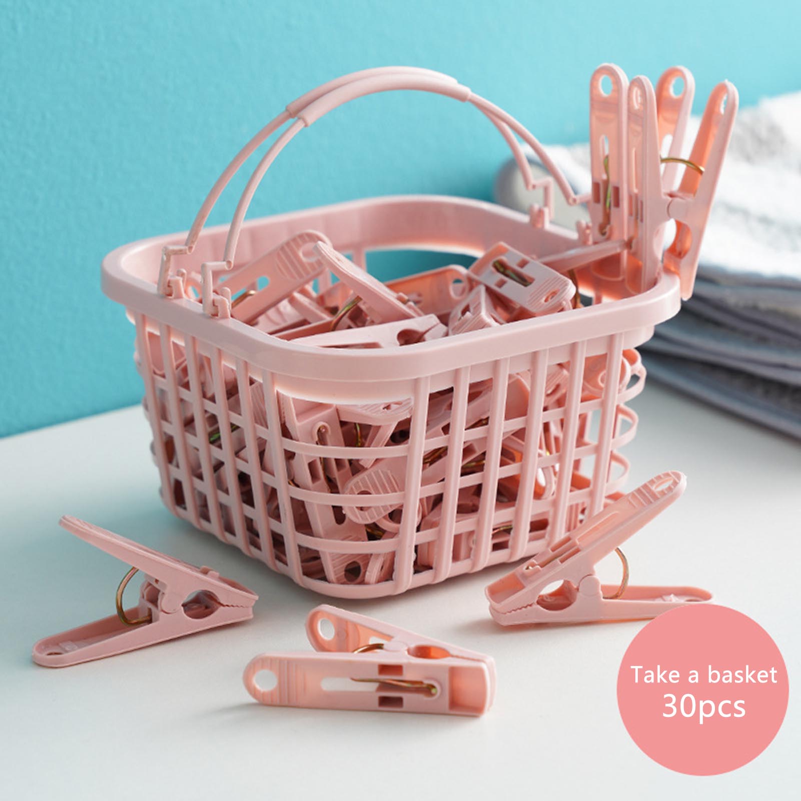 

30Pcs Plastic Clothes Pins with Basket Clothing Sock Towel Clips Laundry Fixed Clothespin Fastener Pegs Clip Storage Organizer розовый