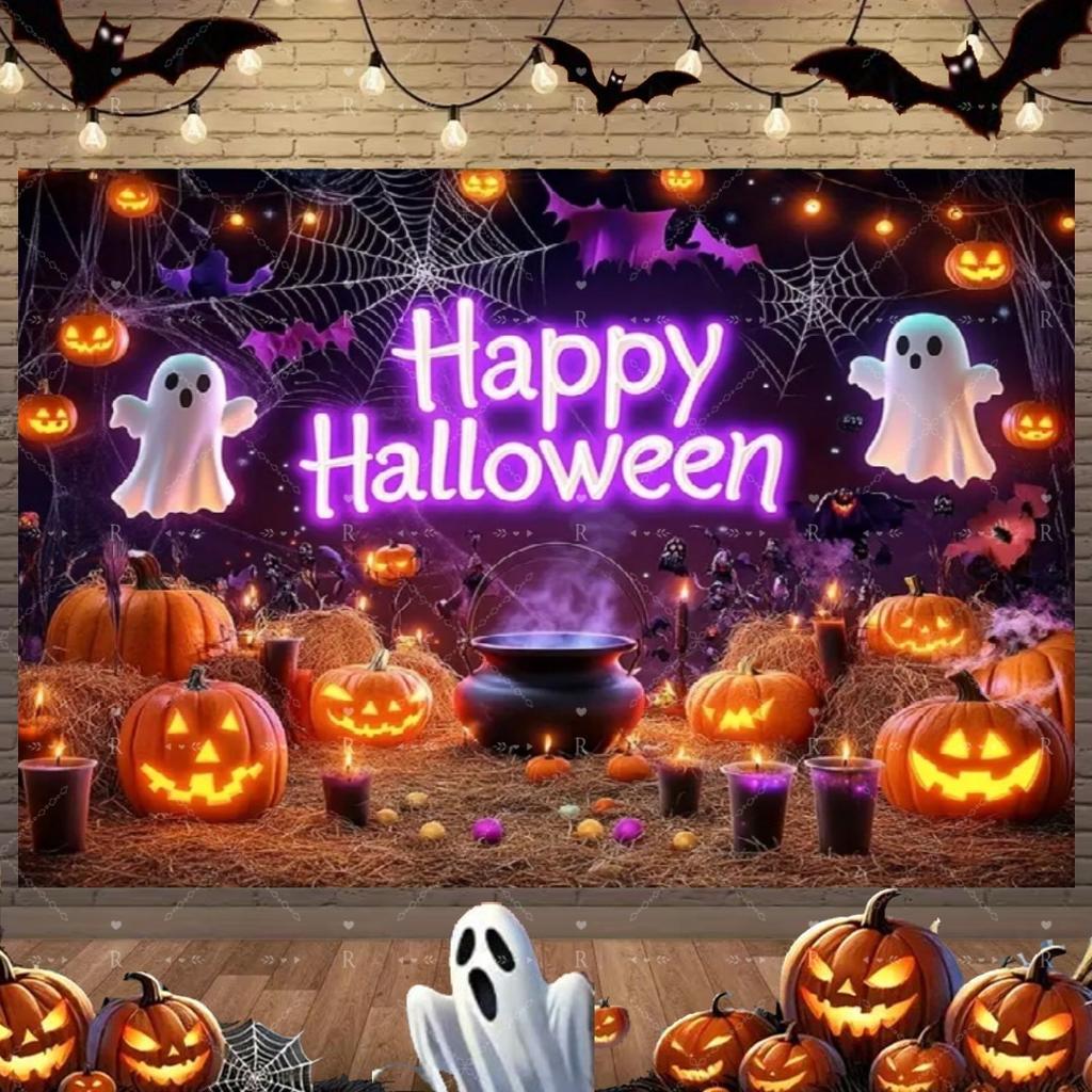 Happy Halloween Party Decoration Background Pumpkin Bat Moon Spider Web Cute Ghost Backdrop Trick or Treat Banner Holiday Decor102