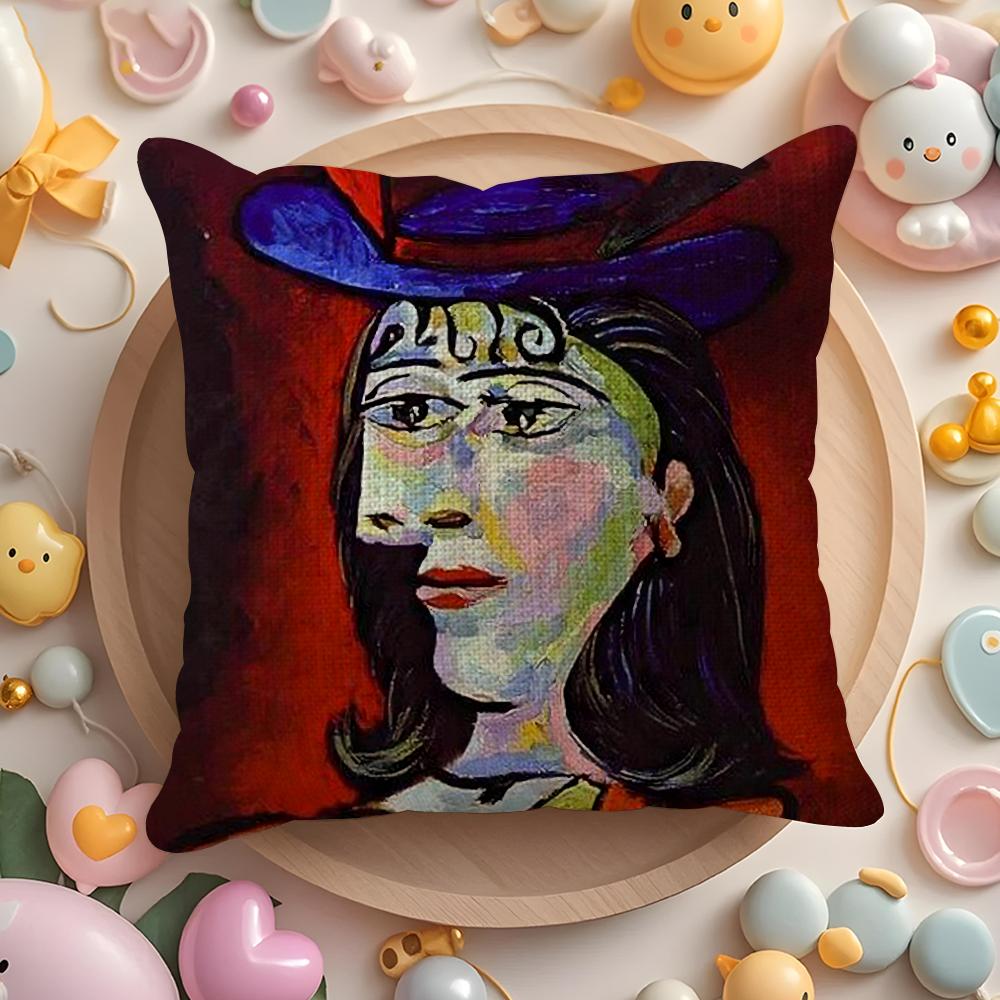 P-Picasso Oil Cushion Cover Linen Organic Fabric Double-Sided Printing Breathable Pillow Case Sofa Home Decor Gift
