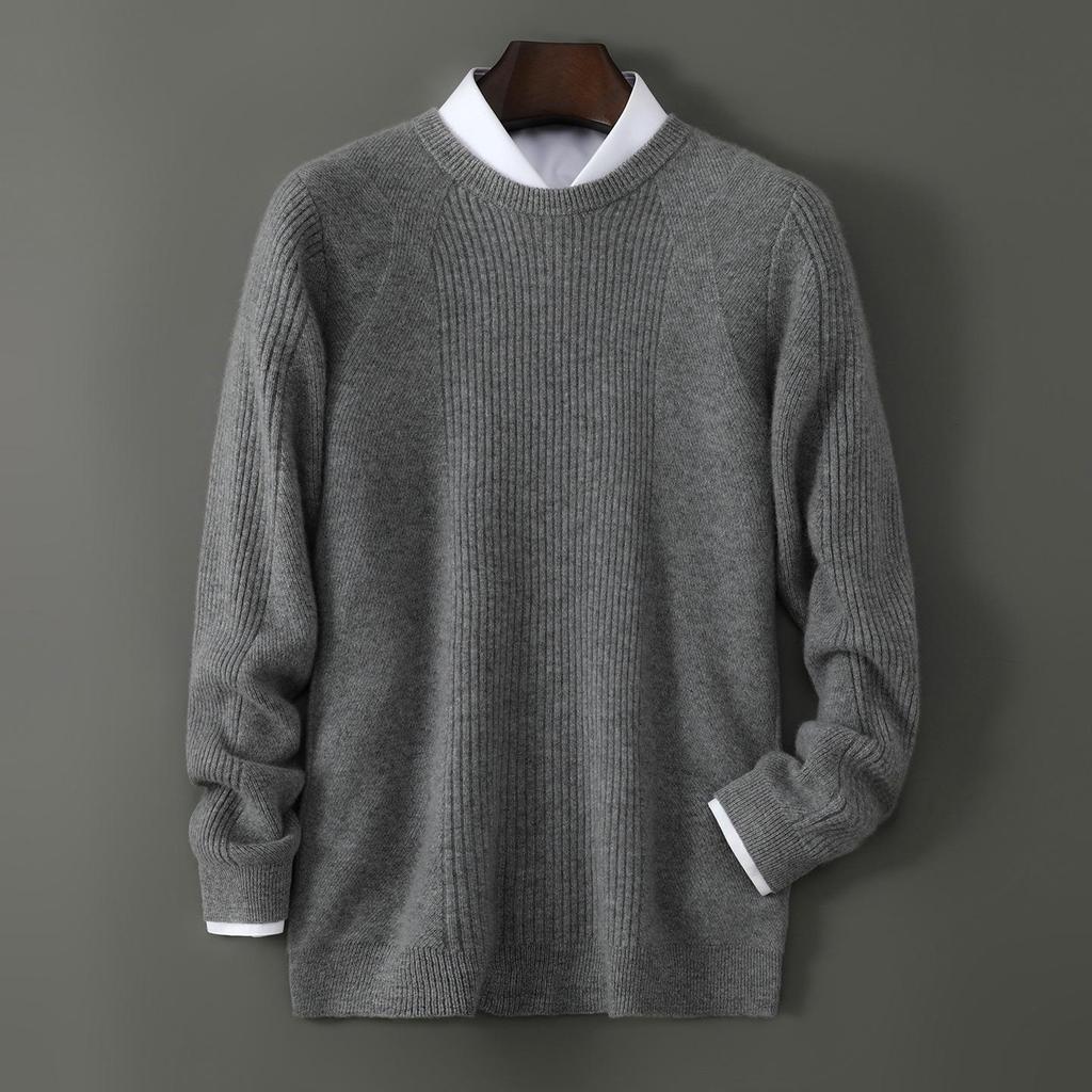 Men's High-Quality 100% Wool Round Neck Sweater, Vertical Ribbed Knit, Soft and Luxurious Thick Base Layer