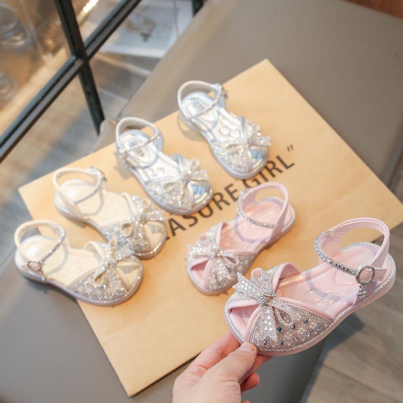 Girls Sandals Peep Toes Shiny Crystal Kids Princess Shoes Sweet Bows 2025 Summer New Children Beach Shoes Non-slip Soft Sole