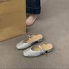 Golden woven mesh bag head half slippers women's shoes outer wear 2025 summer medium and high heel Mary Jane half tray single shoes