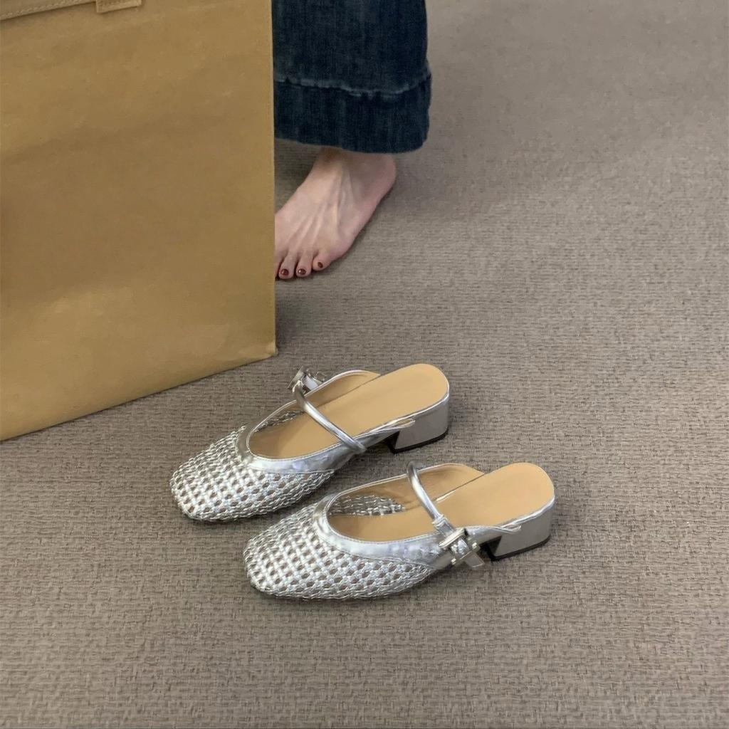 Golden woven mesh bag head half slippers women's shoes outer wear 2025 summer medium and high heel Mary Jane half tray single shoes