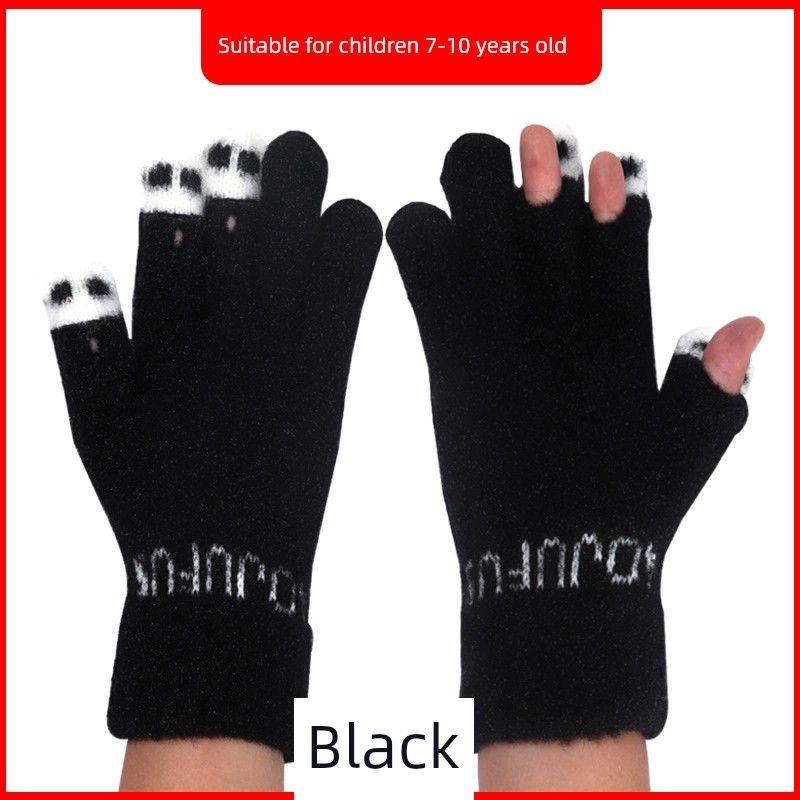 

Women s Thickened Heattech Youth Wool Finger Gloves Black [kids 6-10 years old]] One size