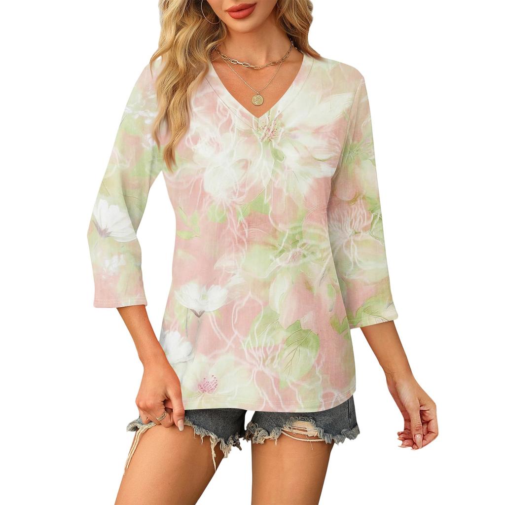Women's V Neck 3/4 Sleeve Tops Casual T Shirts Basic Summer Tees Loose Fit Fall Pullover Tunic