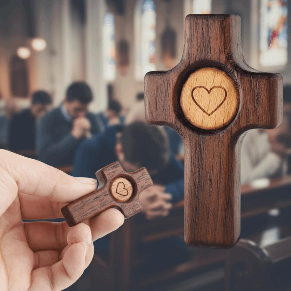 2 Piece Black Walnut Easter Pocket Cross Heart Pattern Pocket Stress Fidget Cross Christian