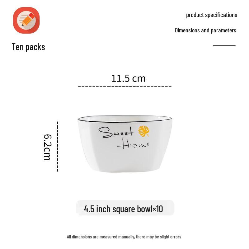 Jingdezhen Ceramic 4.5-inch Square Rice Bowls - 10 Piece Set