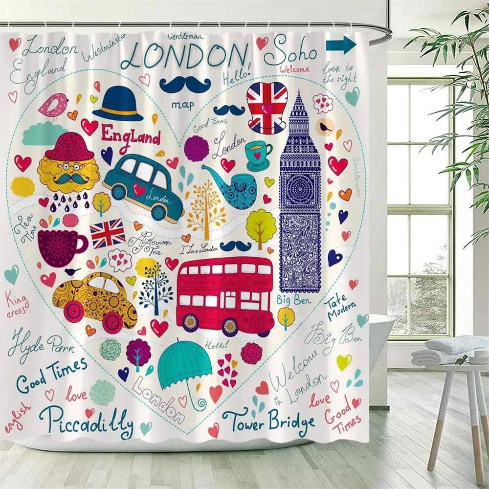 Cartoon Shower Curtain London Red Bus Flowers Cute Car Kids Bath Curtains Creative Pattern Polyester Fabric Home Bathroom Decor