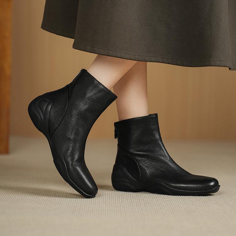 Soft leather wedge short boots 2025 autumn and winter velvet casual sports cigarette boots square head cowhide soft sole thin Martin boots