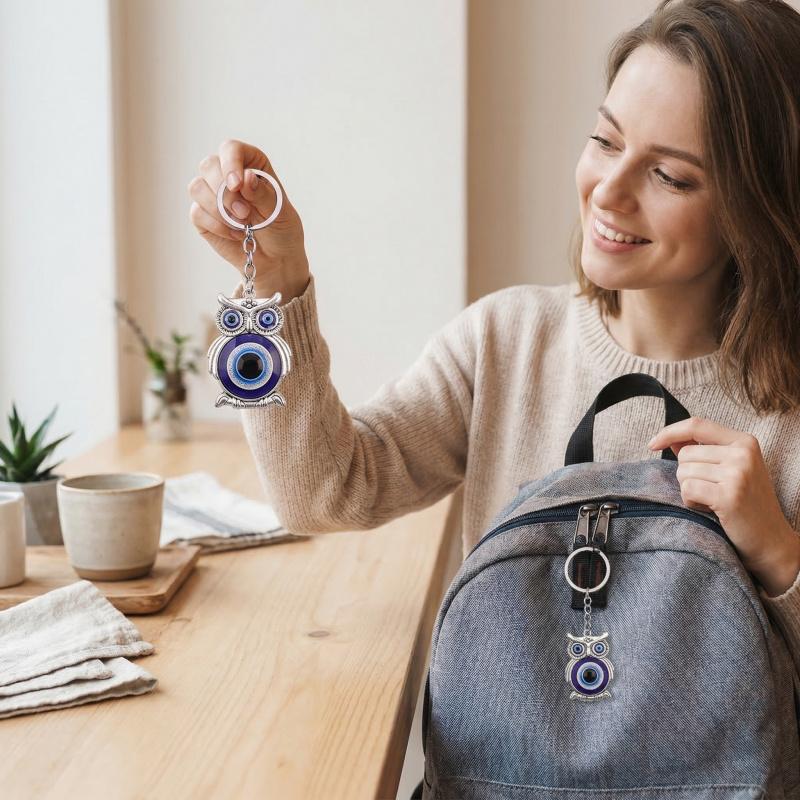 Bonne Chance Nazar Oeil Bleu Porte-clés Argenté Vintage Hibou Éléphant Main de Fatima Pendentif Porte-clés Talisman Bijoux Cadeau Pour Hommes Femmes