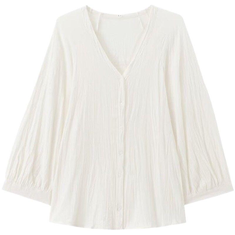 

Fashion Style 2024 Summer New Arrival Women s Clothing Slim Looking Easiest for Match Loose V Neck Linen Fluffy Shirt 8224051 White L