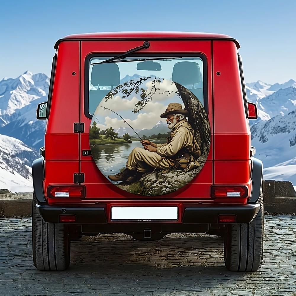 Old Man Fishing Spare Tire Cover Waterproof Polyester SUV Truck Outdoor Decoration