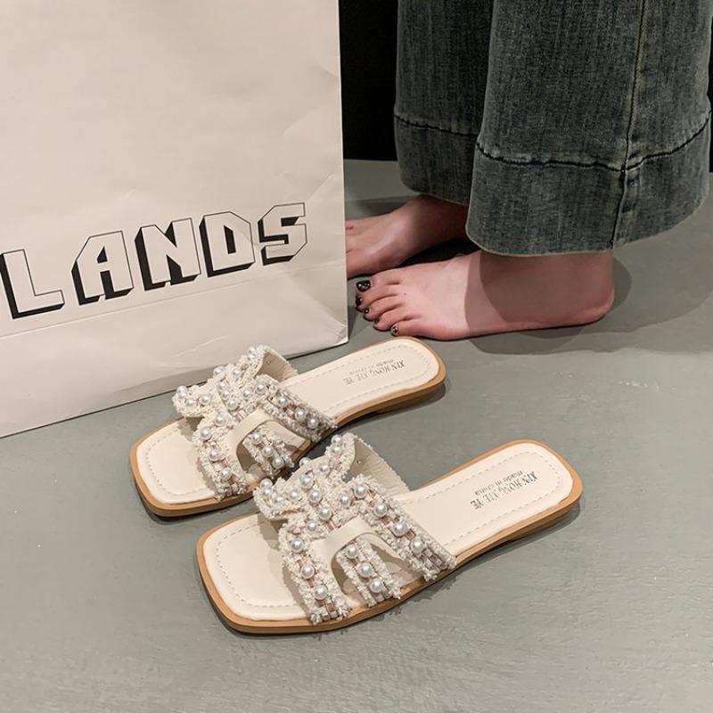 Fashion 2025 Summer Fashion New Sexy Casual Comfortable Solid Color Crystal Sandals Square Toe Flat Heel Slippers Zapatos Mujer