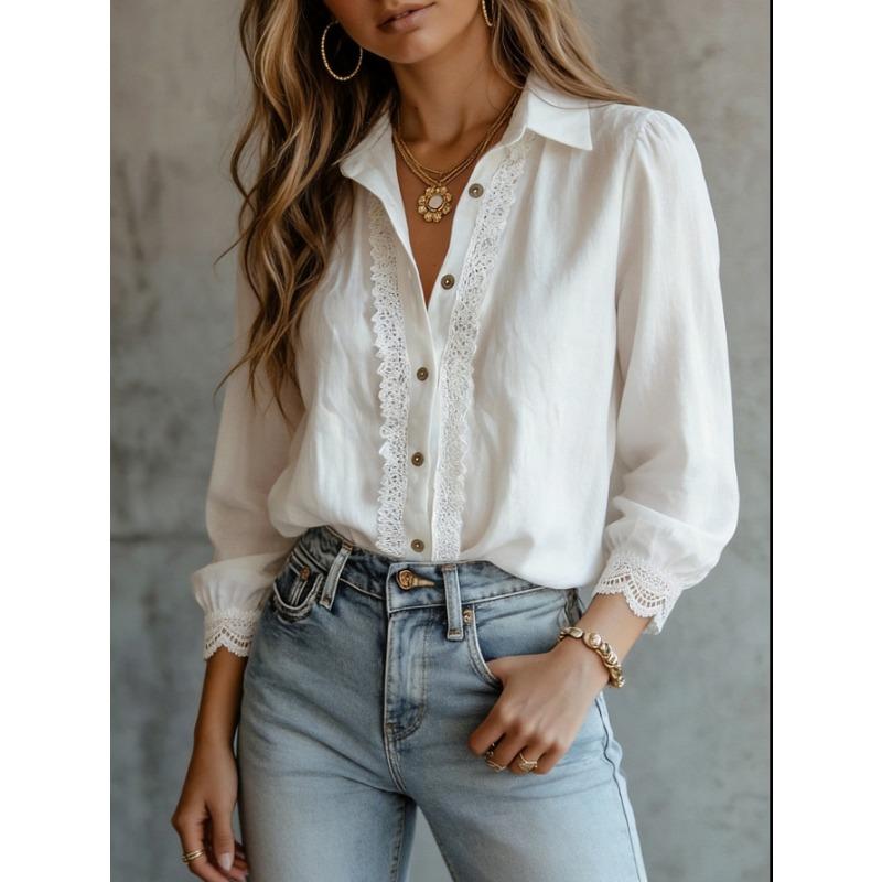 Lace Patchwork Vintage Collar V Neck Long Sleeve Button Shirt