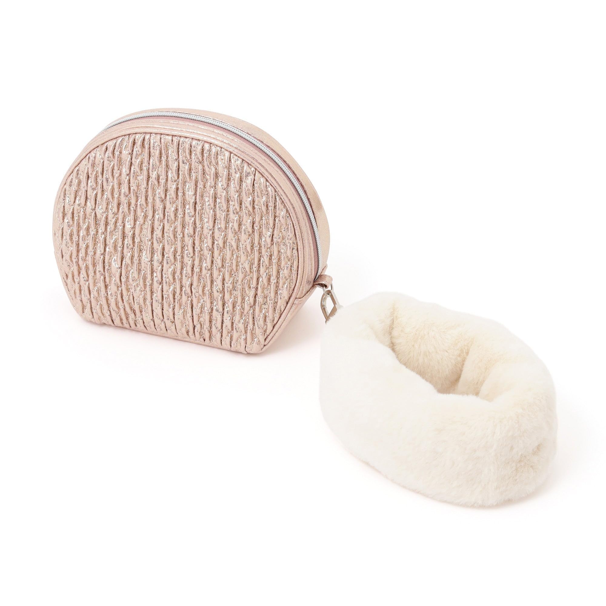 

Francfranc Shiny Foil Pouch, Small, Pink, with Detachable Fur Handle, Makeup PouchMini Pouch