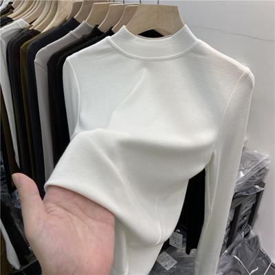 Brushed Plus Velvet Stand-up Collar Bottoming Shirt for Women Long-sleeved Cotton T-shirt Autumn and Winter New Style Half Turtleneck Versatile Inner