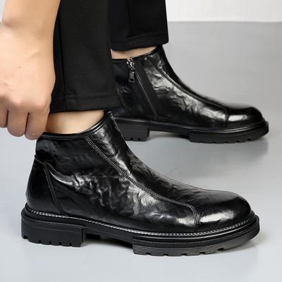 New Leather Side Zipper Boots, Genuine Leather Motorcycle Boots, Height Increasing Mid Top Chelsea Short Boots for Men
