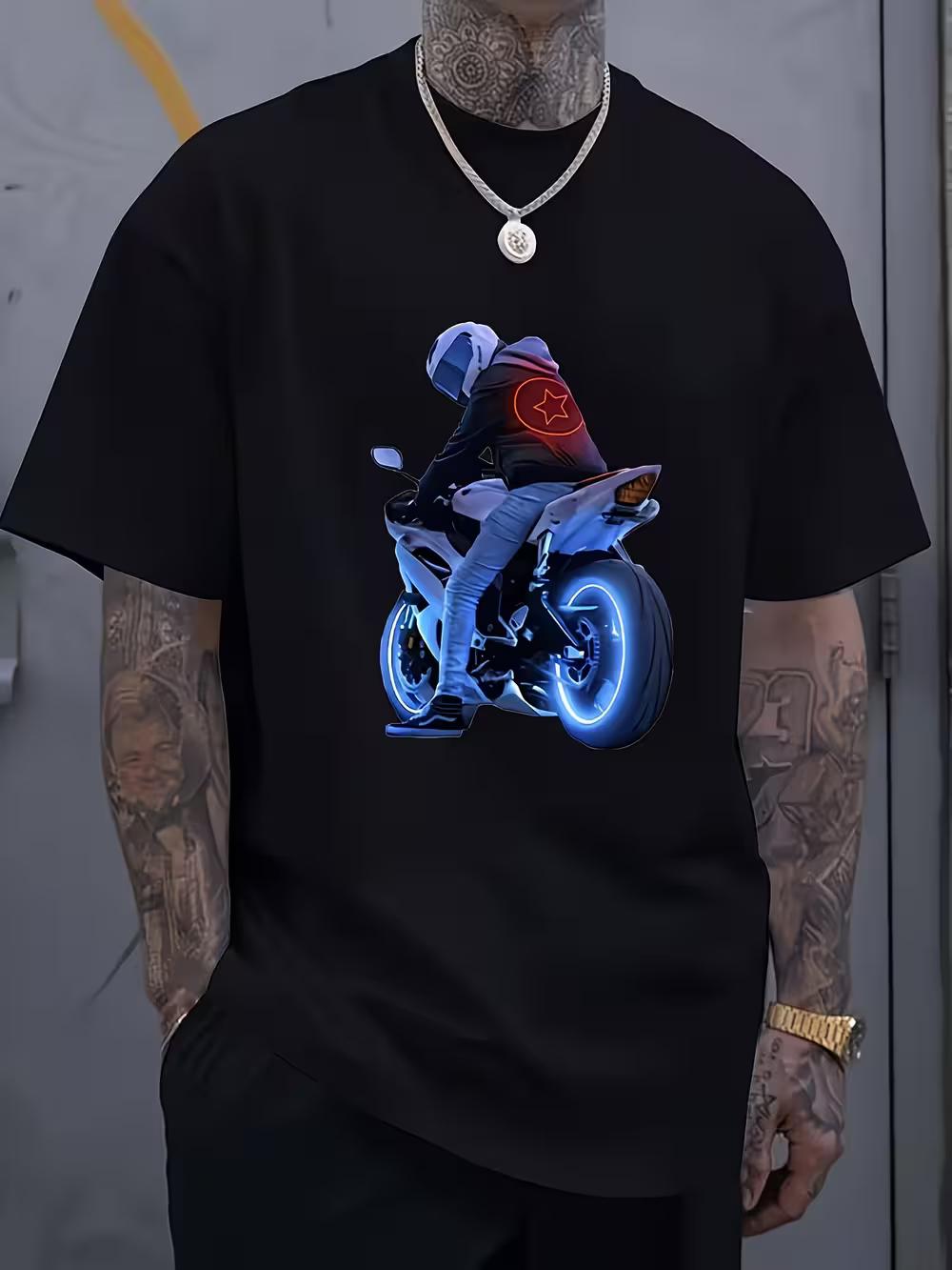 Men s soft breathable t-shirt with vibrant glow biker graphic print- black street style t-shirt XXXL