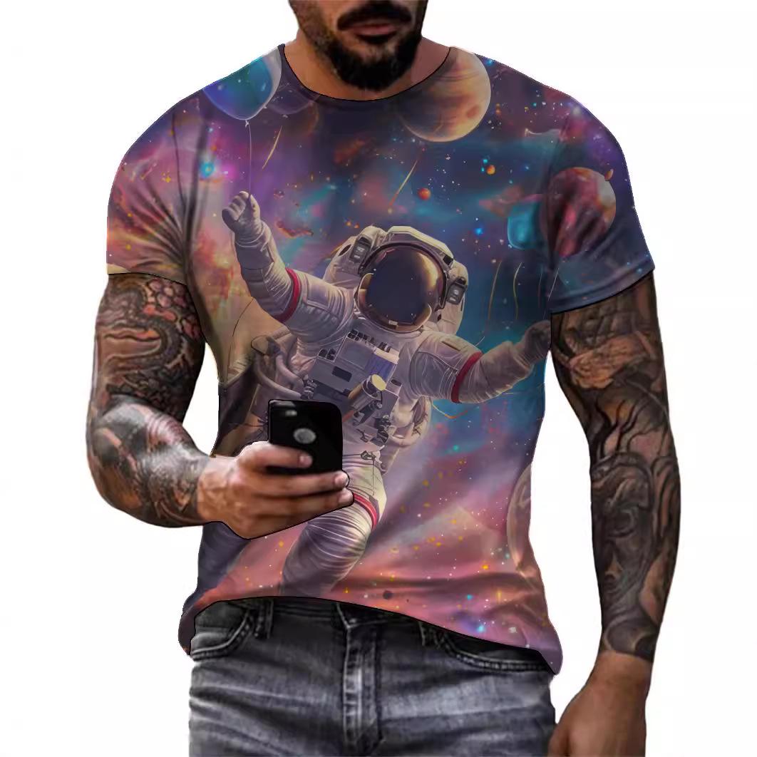 Trendy men s casual T-shirt 3D digital printed starry sky pattern short sleeved loose fitting pullover round neck top for men 2XS