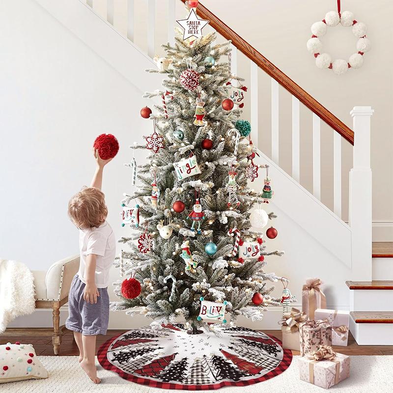 WTEMPO Christmas Tree Skirt Red/Black Christmas Tree/Plaid Patterns Printed Xmas Tree Skirt Winter Christmas Tree Mat for Home Indoor Outdoor Party