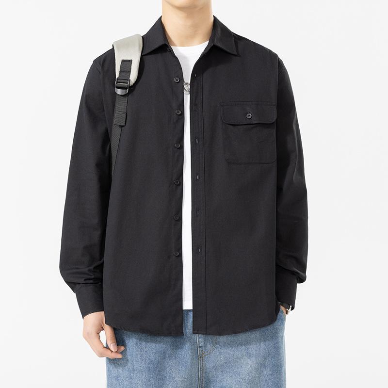 Pure Cotton Long-sleeved Shirt Men's Spring Pocket Solid Color Long-sleeved Shirt Casual Shirt Jacket