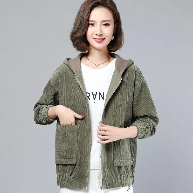 Women's Corduroy Jacket Spring Autumn Loose Mom Korean Version Hooded Short Thin Coat Large Size Casual Style