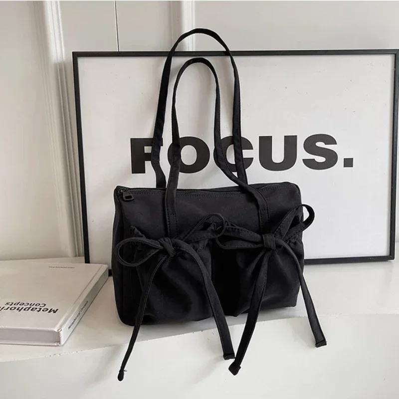 2025 New Korean Bow Nylon Shoulder Bag Folded Large Capacity Commuter Women's Handbag Fashionable and Sweet Design Tote Bag