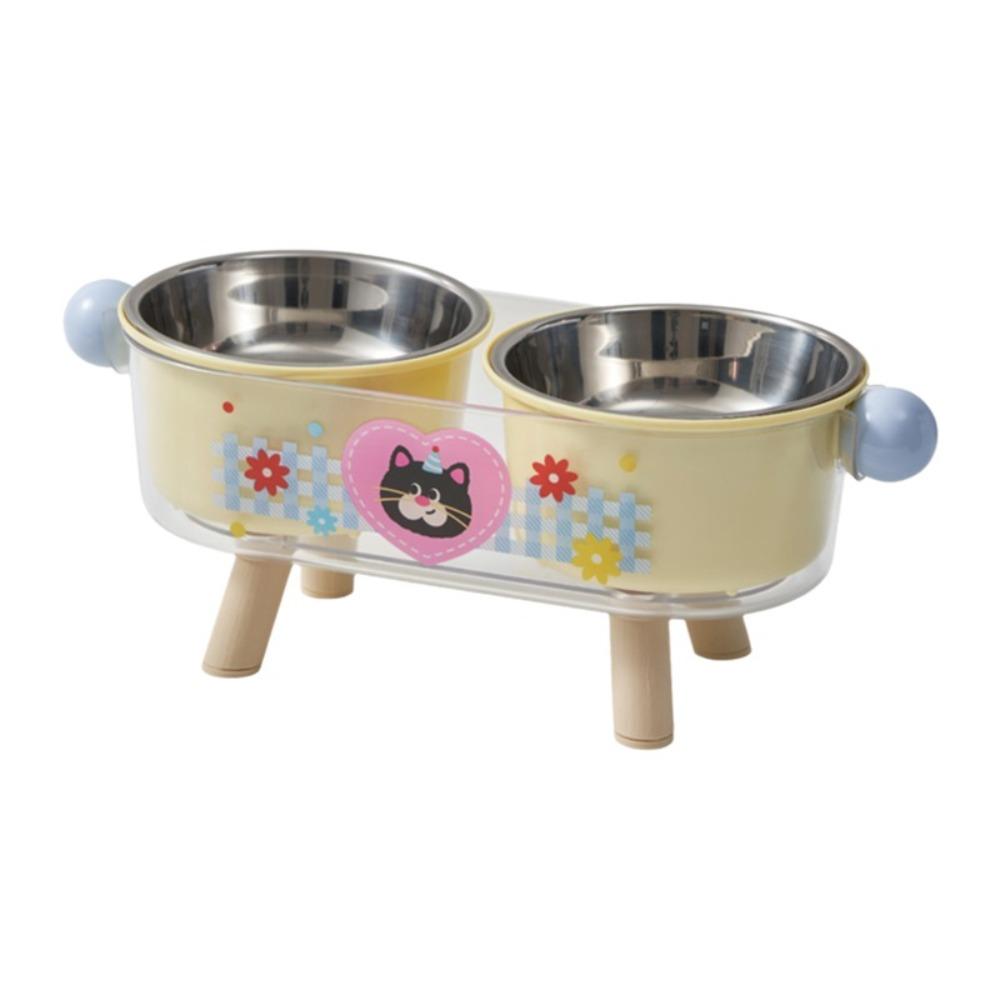 

Stainless Steel Elevated Cat Bowl Double Bowls Non-Slip Neck Protection Bowl Neck Support Cartoon Cat Water Bowl жовтий