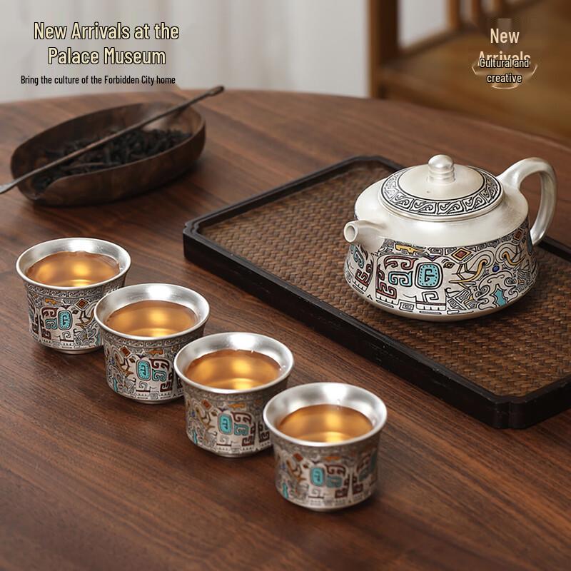 Forbidden City Gilded Silver Pottery Tea Set (1 Pot, 4 Cups)