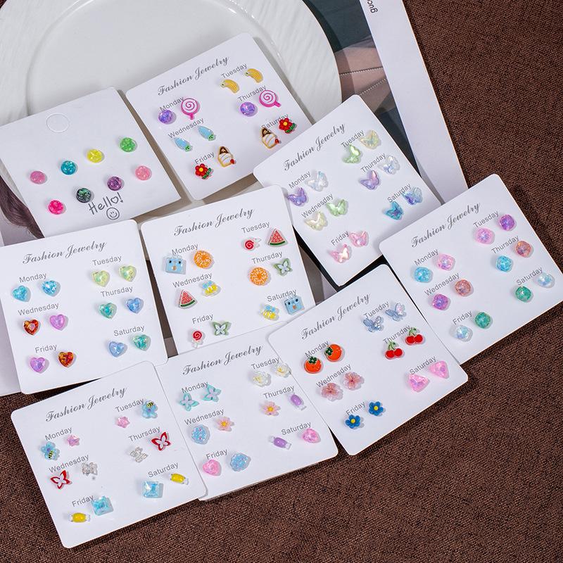 Delicate Small Fresh Week Stud Earrings Set Cute Cartoon Candy Watermelon Butterfly Imitation Silver Needle Small Daily Earrings