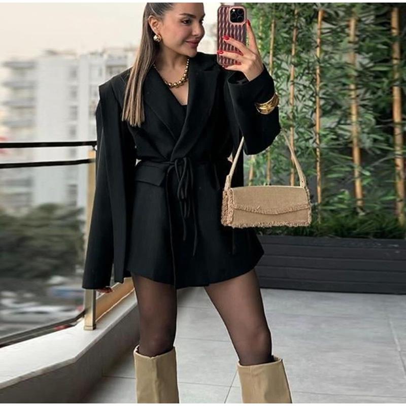 Módní pruhované sako s klopami dámské elegantní volné s pasem na stažení s páskem bundy dámské jarní všestranné šik pouliční oblečení