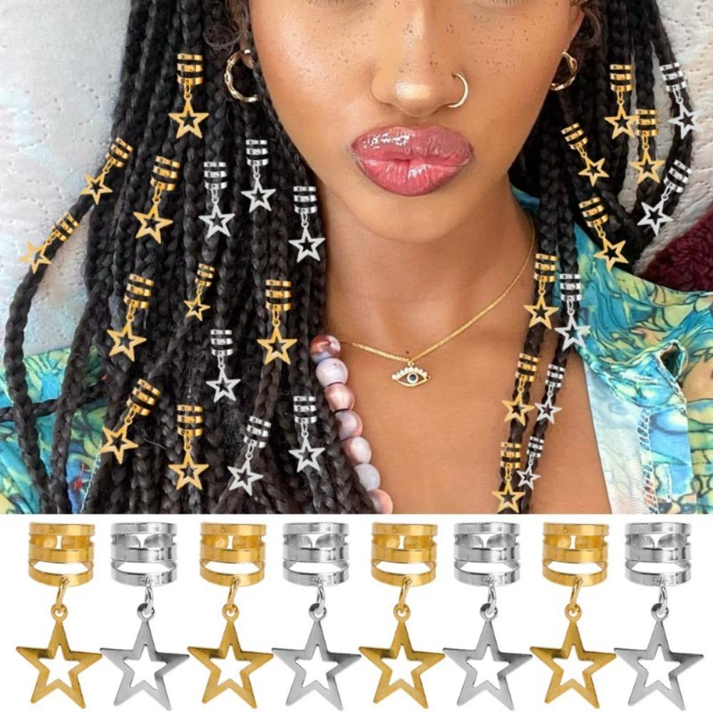 10pcs Star Shape Dreadlocks Beads Hair Braiding Hair Braid Tubes Hollow Out Hair Ring  Women