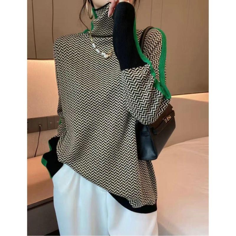 

Women Fall Beige Green Herringbone Turtleneck Sweater Color Block Top S зелений