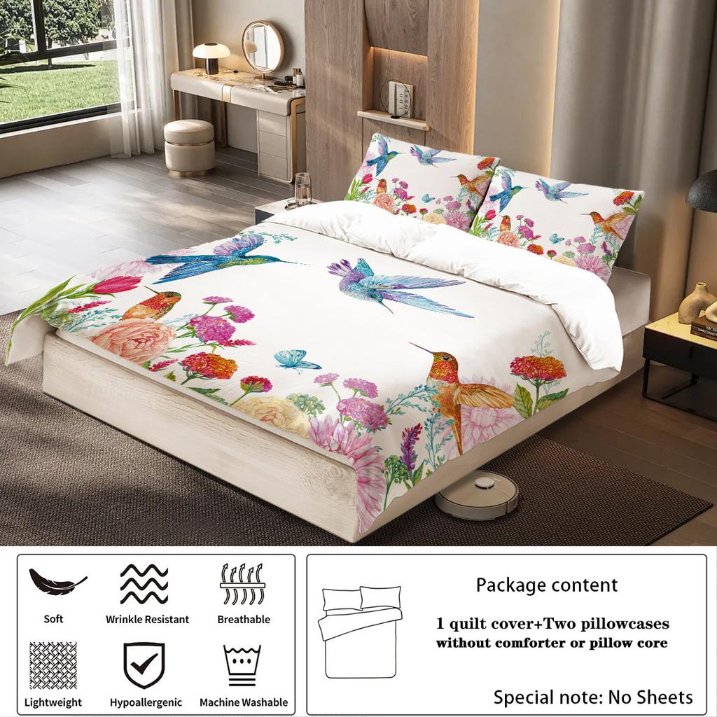 3-piece set of natural floral hummingbird pattern print (1 duvet cover+2 pillowcases, no core) soft and comfortable bedding set
