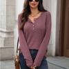 Autumn Winter Solid Color Round Neck Button Loose Long Sleeve T-Shirt Top for Women