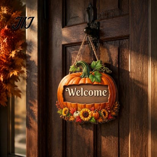 Durable Solid Wood Plaque Autumn Pumpkin Gnome Welcome Sign for Front Door, Rustic Hanging Thanksgiving Wall Ornament with Hemp Rope Fall Harvest Home