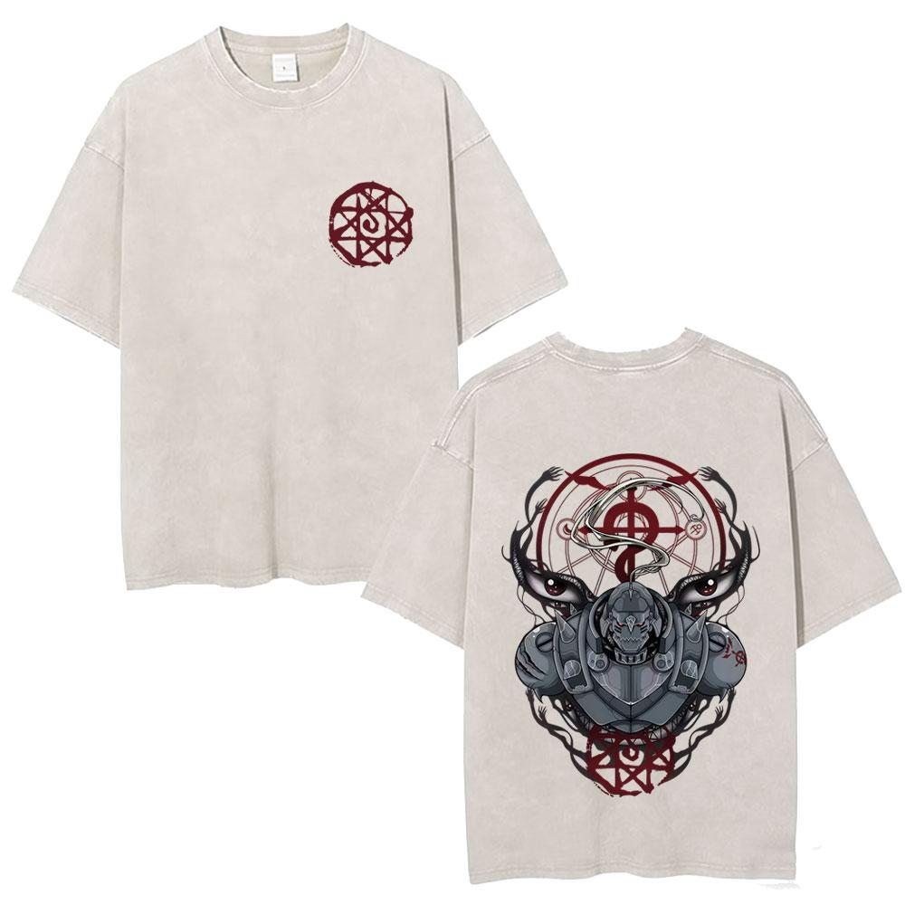 Camiseta Gráfica Lavada Vintage Anime Fullmetal Alchemist Edward Elric y Alphonse Elric para Hombre Mujer Manga Verano Retro Camisetas