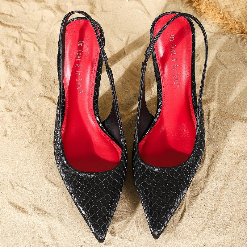 Fashion Sexy Black Pointed Toe Heels Women Fashion Fish Print Slingback Thin Heel Designer Shoes Elegant Party Dress Shoes Zapatos Mujer