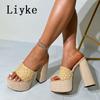 Fashion Liyke Cozy Wood Thick Bottom Open Toe 13.5CM Square High Heels Platform Slippers For Woman Shoes Summer Sandals Zapatos Mujer