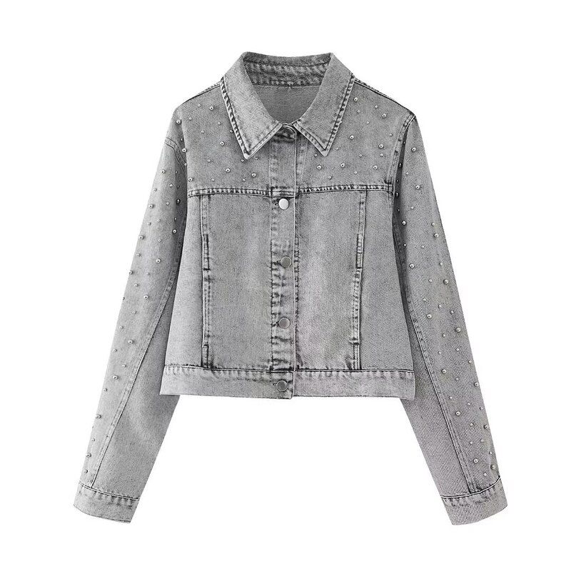 Fashion Style 2024 Spring Women's Pearl Denim Jacket Loose Lapels Distressed Outwear High Waist Skirt 5862065