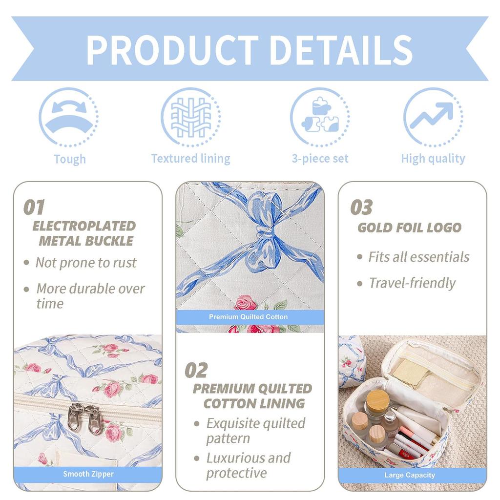 Cotton Quilted Floral Makeup Bag Set for Women and Cute Makeup Bag with Brush Large Toiletry Pouch Gift for Toiletry Accessories and Travel Essentials