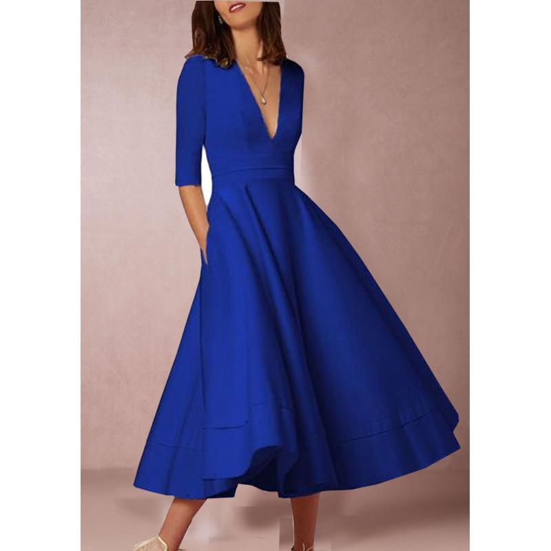 Popular Deep Mid-sleeved High-end Dress Medium and Long Dress New Autumn and Winter Sexy